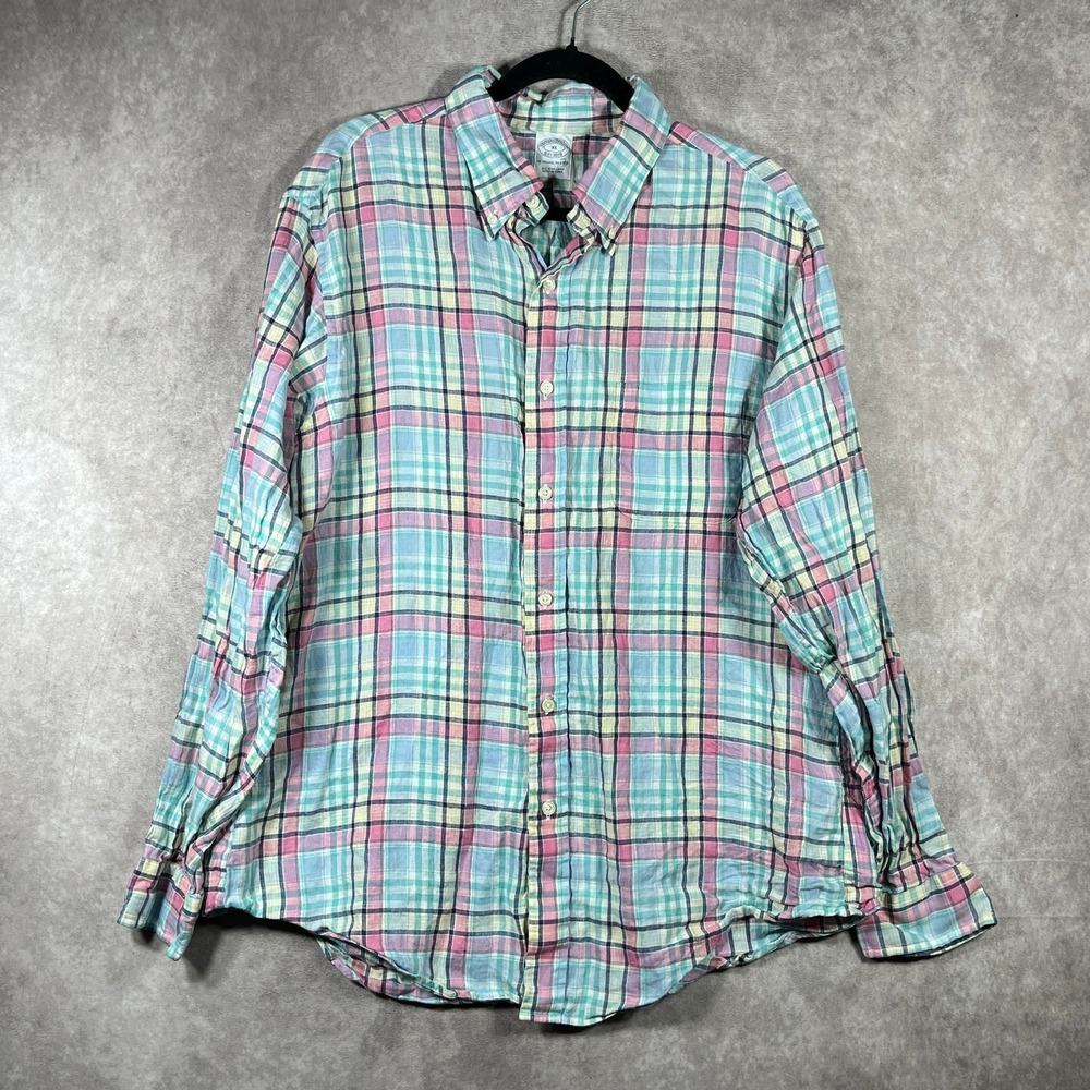 Brooks Brothers Shirt Mens XL Green Pink Plaid Irish Linen Button Down Preppy